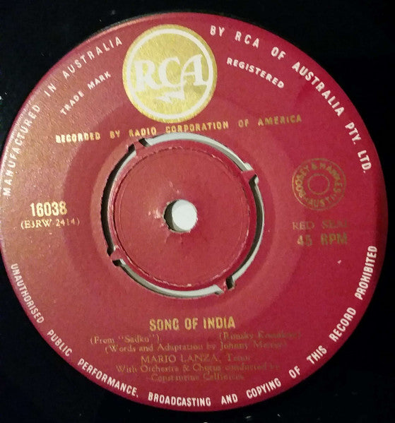 Mario Lanza : Song Of India / If You Were Mine (7", Single, Mono)