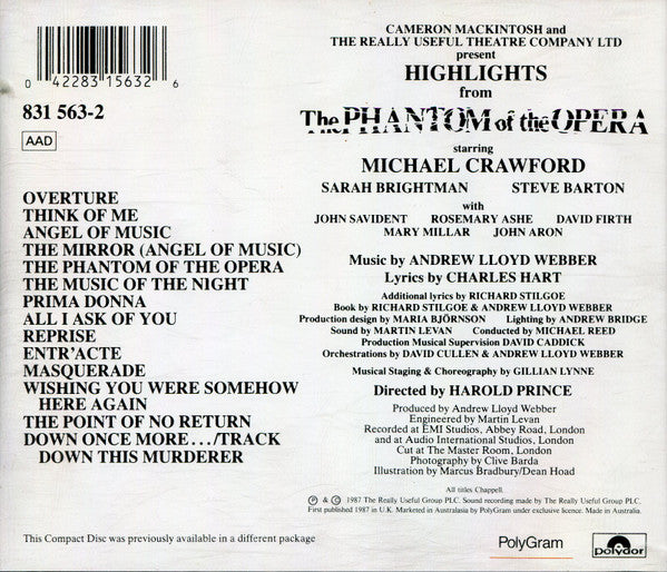Andrew Lloyd Webber Starring Michael Crawford, Sarah Brightman, Steve Barton : Highlights From The Phantom Of The Opera (The Original London Cast) (CD, Album)
