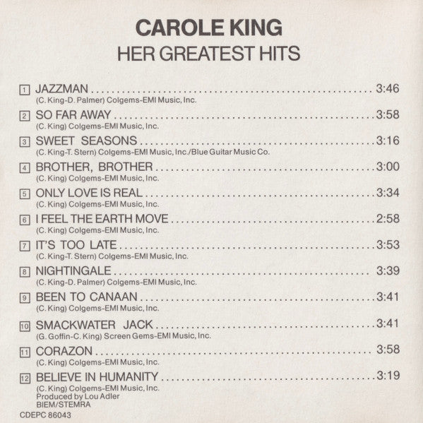 Carole King : Her Greatest Hits (CD, Comp, RE)