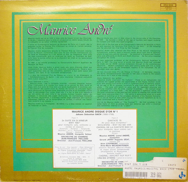 Maurice André, Johann Sebastian Bach : Suite No. 2 En Si Mineur  BWV 1067 (Badinerie) /  Duo De La Cantate BWV 78 ... (LP, Comp)