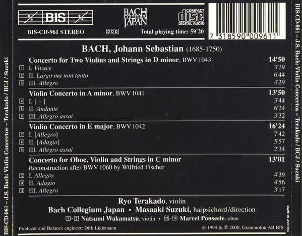 Johann Sebastian Bach - Bach Collegium Japan, Masaaki Suzuki, Ryo Terakado : Concertos 1 / Violin Concertos (CD, Album)