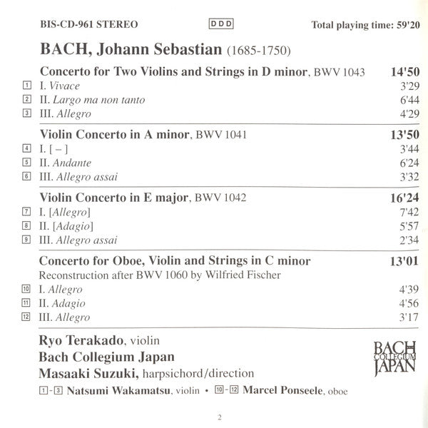 Johann Sebastian Bach - Bach Collegium Japan, Masaaki Suzuki, Ryo Terakado : Concertos 1 / Violin Concertos (CD, Album)