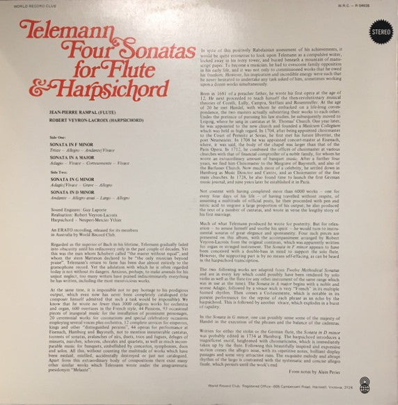 Georg Philipp Telemann : Four Sonatas For Flute & Harpsichord (LP, Album, Club, RE)