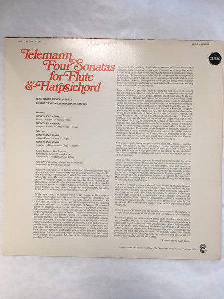 Georg Philipp Telemann : Four Sonatas For Flute & Harpsichord (LP, Album, Club, RE)