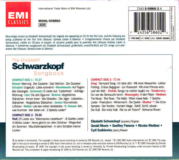 Elisabeth Schwarzkopf : The Elisabeth Schwarzkopf Songbook (3xCD, Comp, Mono, RM + Box)