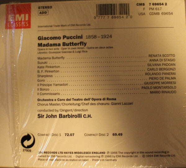 Puccini* - Scotto*, Bergonzi*, Panerai*, Coro Del Teatro Dell'Opera Di Roma, Orchestra Del Teatro Dell'Opera Di Roma, Sir John Barbirolli : Madama Butterfly (Box + 2xCD, RE, RM)