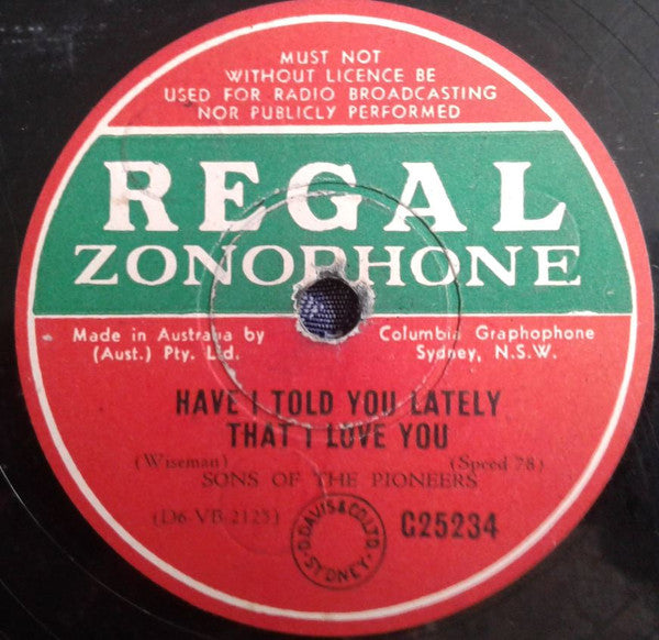 The Sons Of The Pioneers : Have I Told You Lately That I Love You / A Penny For Your Thoughts (Shellac, 10")