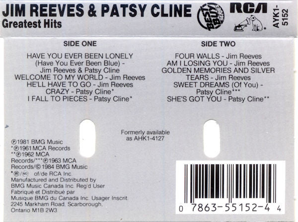 Jim Reeves & Patsy Cline : Greatest Hits (Cass, Comp, RE, Dol)