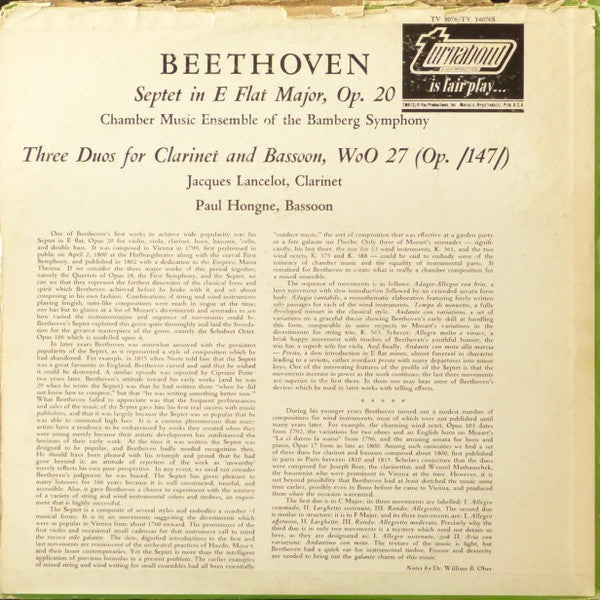 Ludwig Van Beethoven : Septet In E Flat Major, Op. 20 / Three Duos For Clarinet And Bassoon, WoO 27 (LP)