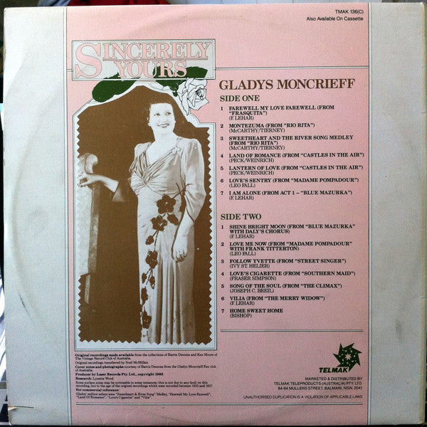 Gladys Moncrieff : Sincerely Yours (LP, Comp)