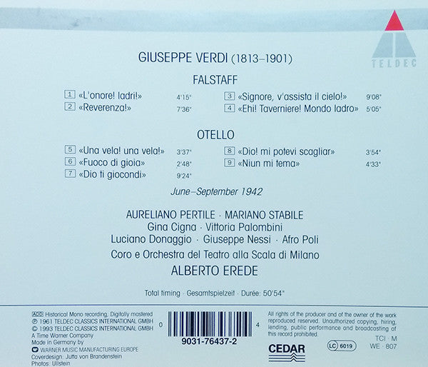 Verdi* - Aureliano Pertile, Mariano Stabile : Scala Di Milano 1942 - Otello & Falstaff (CD, Comp)