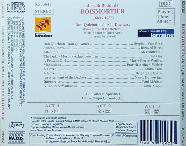 Joseph Bodin de Boismortier - Stephan Van Dyck • Richard Biren • Meredith Hall • Paul Gay (3), Le Concert Spirituel, Hervé Niquet : Don Quichotte Chez La Duchesse (Comic Ballet In Three Acts) (CD)