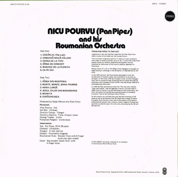 Nicu Pourvu And His Roumanian Orchestra* : Nicu Pourvu (Pan Pipes) And His Roumanian Orchestra (LP, Album, Club, RE)