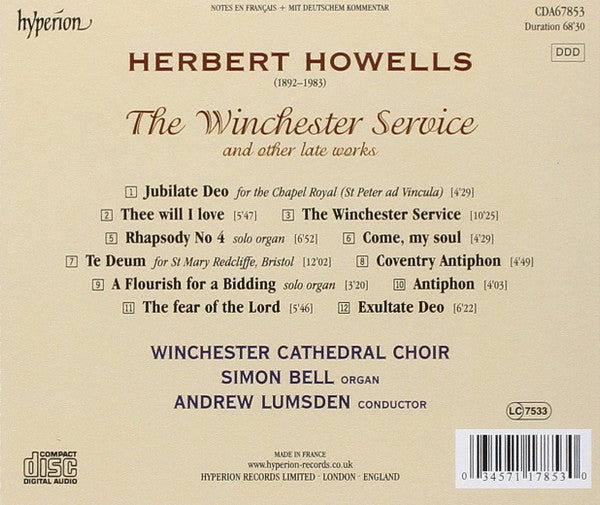 Herbert Howells, Winchester Cathedral Choir, Andrew Lumsden : The Winchester Service (CD, Album)