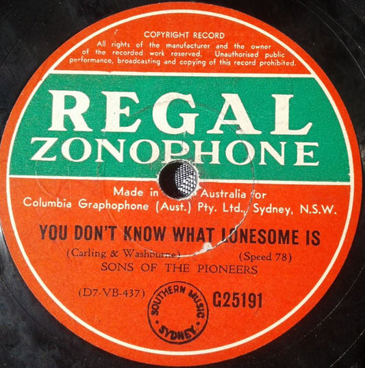 Sons Of The Pioneers* : You Don't Know What Lonesome Is / Teardrops In My Heart (Shellac, 10")