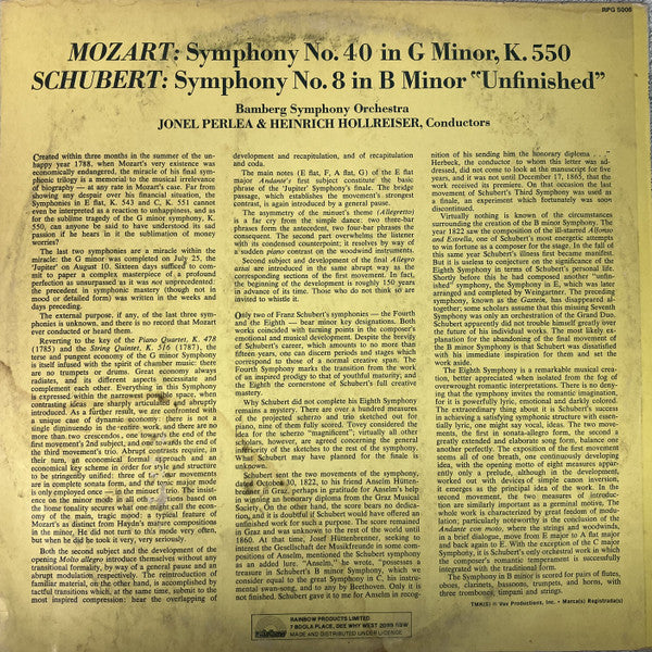 Wolfgang Amadeus Mozart, Franz Schubert, Jonel Perlea And  Heinrich Hollreiser Conducting  Bamberger Symphoniker : Symphony No. 40 In G Minor, K.550 / Symphony No. 8 In B Minor "Unfinished" (LP)
