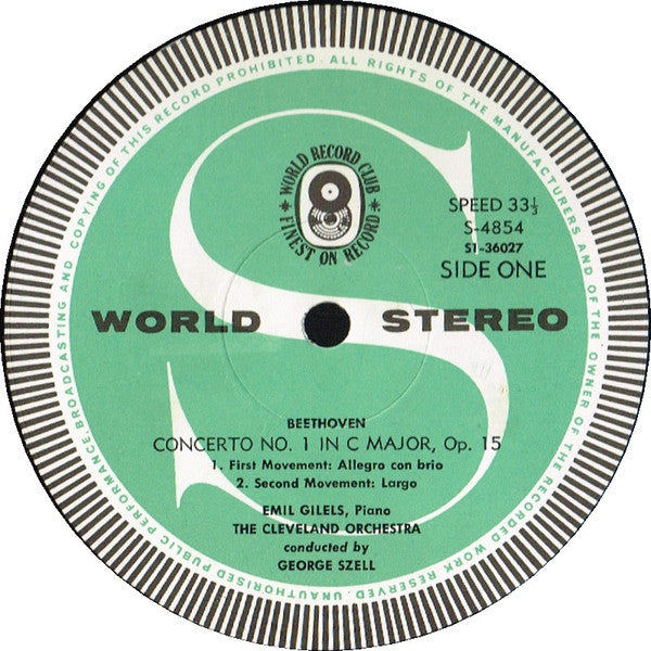 Beethoven*, Emil Gilels (Piano) / The Cleveland Orchestra Conducted By George Szell : Piano Concerto No. 1 In C Major, Op. 15 (LP, Album, Club)