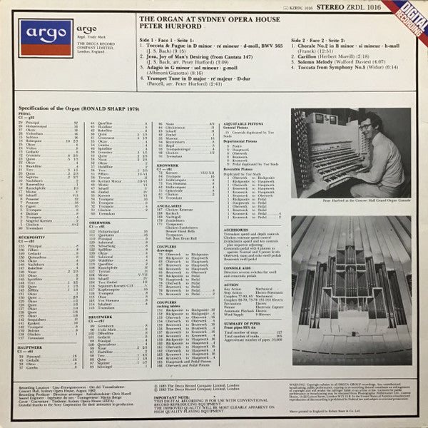 Peter Hurford, Bach*, Widor*, Albinoni*, Purcell*, Walford Davies*, Murrill*, Franck* : The Organ At Sydney Opera House (LP, Album)