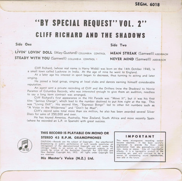 Cliff Richard & The Shadows : By Special Request Volume 2 (7", EP, Comp, Mono)