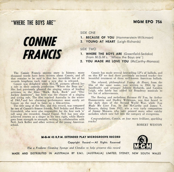 Connie Francis : Where The Boys Are (7", EP, Mono)