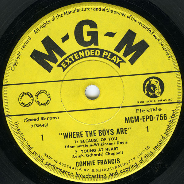 Connie Francis : Where The Boys Are (7", EP, Mono)