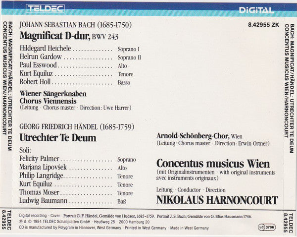 Bach*, Händel*, Concentus Musicus Wien, Nikolaus Harnoncourt, Arnold Schoenberg Chor, Erwin Ortner : Magnificat D-Dur, BWV 243 / Utrechter Te Deum (CD, Album)