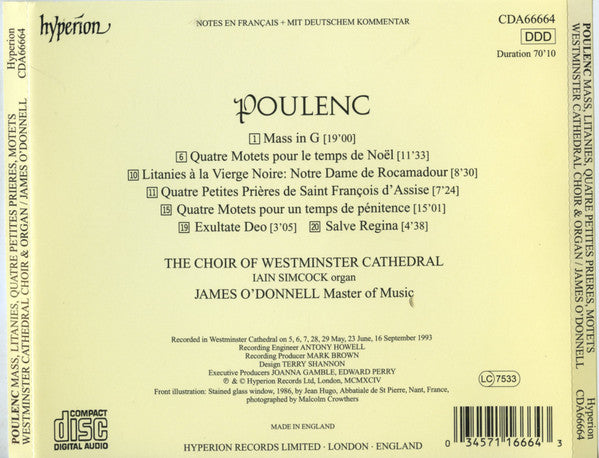 Poulenc* - The Choir Of Westminster Cathedral*, Iain Simcock, James O'Donnell (2) : Mass In G (CD)