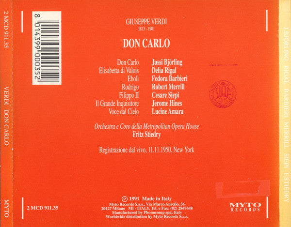 Giuseppe Verdi, Jussi Björling, Delia Rigal, Fedora Barbieri, Robert Merrill, Cesare Siepi, The Metropolitan Opera House Orchestra And Metropolitan Opera Chorus, Fritz Stiedry : Don Carlo (2xCD, Mono)