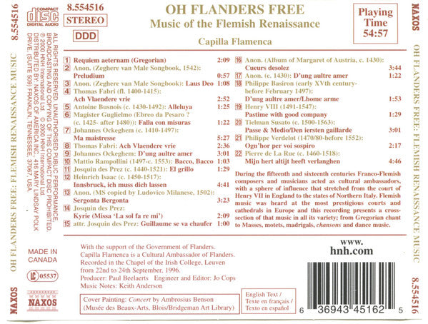 Johannes Ockeghem • Josquin Des Prés • Tielman Susato • Pierre de la Rue - Capilla Flamenca : Oh Flanders Free (Music Of The Flemish Renaissance) (CD, Album)