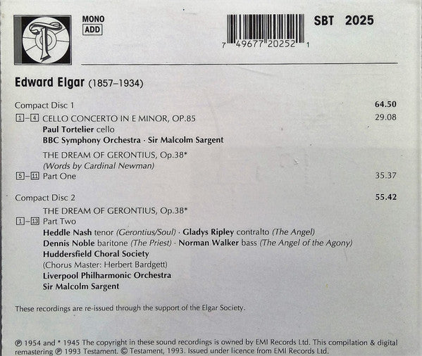 Sir Edward Elgar, Paul Tortelier, Heddle Nash • Gladys Ripley • Dennis Noble • Norman Walker (4), Sir Malcolm Sargent : Cello Concerto /  The Dream Of Gerontius (2xCD, Comp, Mono, RM)