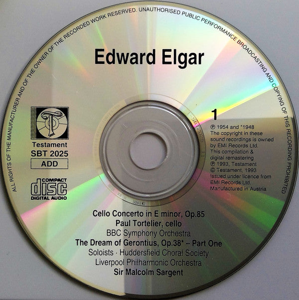 Sir Edward Elgar, Paul Tortelier, Heddle Nash • Gladys Ripley • Dennis Noble • Norman Walker (4), Sir Malcolm Sargent : Cello Concerto /  The Dream Of Gerontius (2xCD, Comp, Mono, RM)