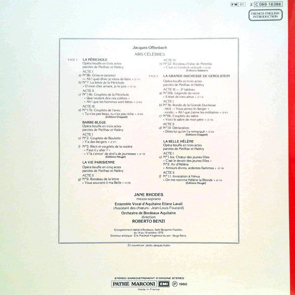 Jacques Offenbach, Jane Rhodes, Roberto Benzi, Orchestre National Bordeaux Aquitaine : Airs Célèbres (LP, Gat)