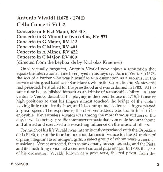 Antonio Vivaldi - Raphael Wallfisch, City Of London Sinfonia, Nicholas Kraemer : Cello Concerti Vol. 2 (RV 400, 401, 408, 413, 422 & 531) (CD, Album)