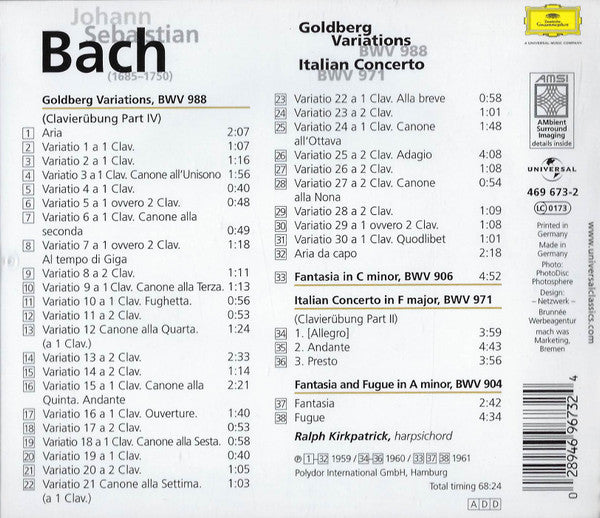 Johann Sebastian Bach - Ralph Kirkpatrick : Goldberg Variations, Italian Concerto (CD, Comp)