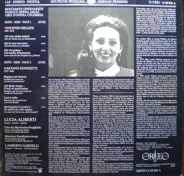Lucia Aliberti, Münchner Rundfunkorchester • Lamberto Gardelli : Berühmte Opernarien • Famous Opera Arias • Airs D'Opéra Célèbres (LP, Album)