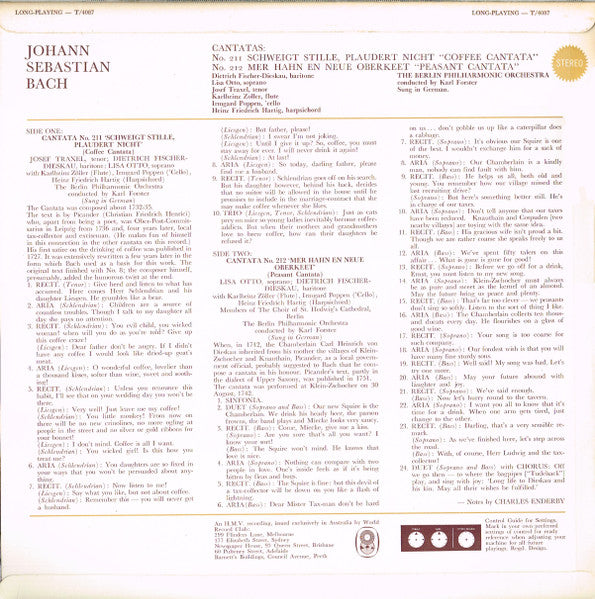 Johann Sebastian Bach / Dietrich Fischer-Dieskau / Lisa Otto / Josef Traxel / Berliner Philharmoniker / Conducted By Karl Forster : Cantatas / No. 211 Schweigt Stille, Plaudert Nicht "Coffee Cantata" / No. 212 Mer Hahn En Neue Oberkeet "Peasant Cantata" (LP, Album, Club)
