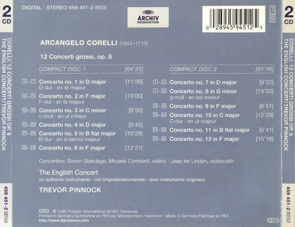 Arcangelo Corelli - The English Concert / Trevor Pinnock : 12 Concerti Grossi, Op. 6 (2xCD, Album, RE)