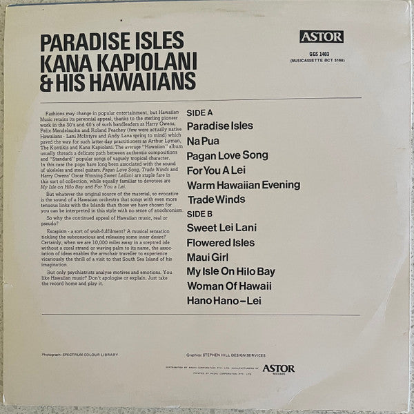 Kana Kapiolani And His Hawaiians : Paradise Isles (LP, Album)