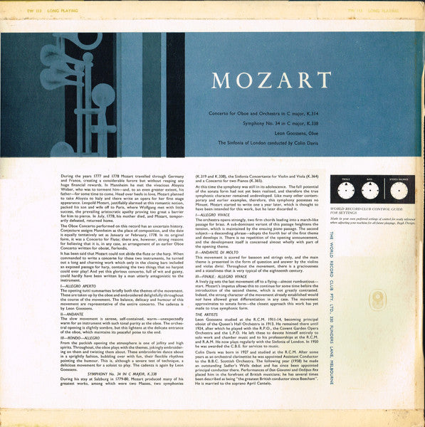 Wolfgang Amadeus Mozart, Sinfonia Of London Conducted By Sir Colin Davis, Leon Goossens : Concerto For Oboe And Orchestra In C Major / Symphony No.34 In C Major (LP, Album, Mono, Club)