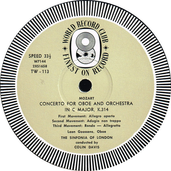 Wolfgang Amadeus Mozart, Sinfonia Of London Conducted By Sir Colin Davis, Leon Goossens : Concerto For Oboe And Orchestra In C Major / Symphony No.34 In C Major (LP, Album, Mono, Club)