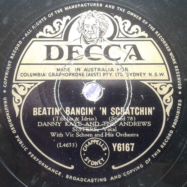 Danny Kaye (2) And The Andrews Sisters With Vic Schoen And His Orchestra : Beatin', Bangin' N Scratchin' / Amelia Cordelia McHugh (Shellac, 10")