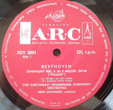 Beethoven* - Cincinnati Promenade Symphony Orchestra, Arne Johannsen : Symphony No. 6 In F Major, Op. 68 (Pastoral) (LP)