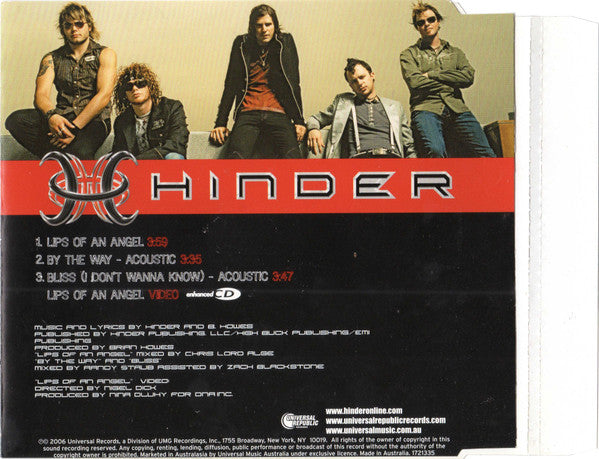Hinder (2) : Lips Of An Angel (CD, Single, Enh)