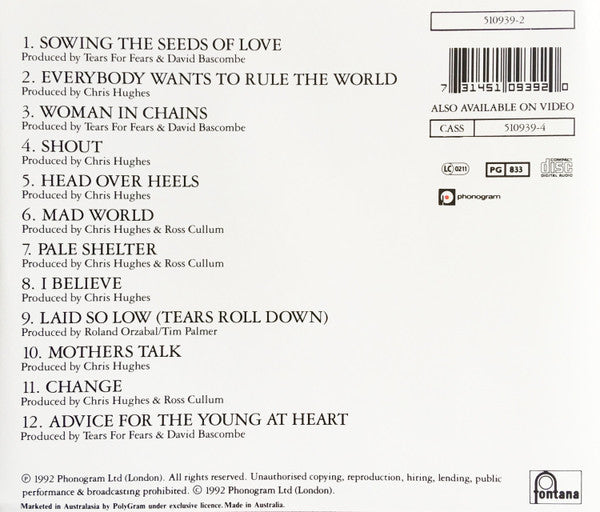 Tears For Fears : Tears Roll Down (Greatest Hits 82-92) (CD, Comp, RE)