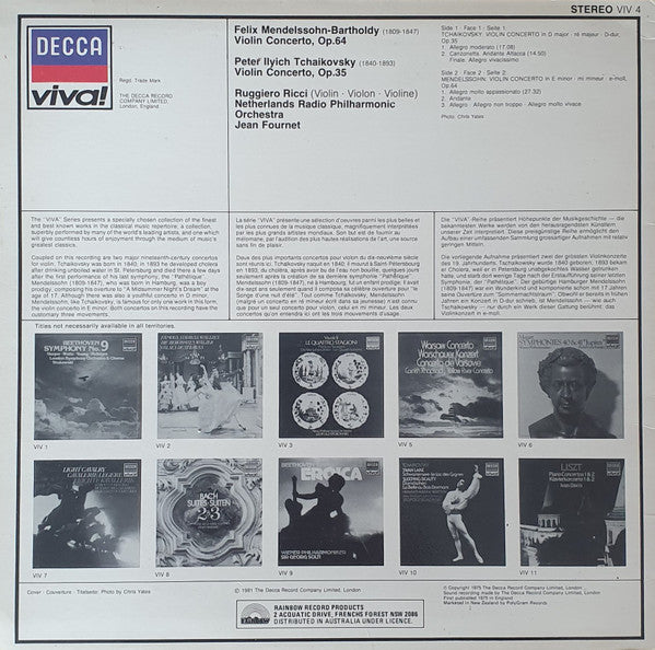 Felix Mendelssohn-Bartholdy, Pyotr Ilyich Tchaikovsky, Jean Fournet, Ruggiero Ricci, Radio Filharmonisch Orkest : Violin Concertos (LP, Album)