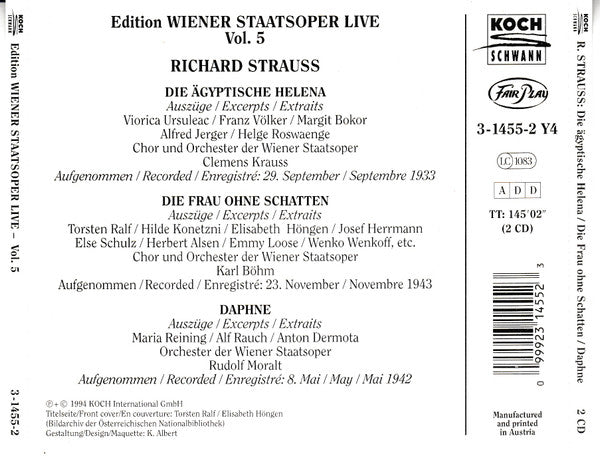 Richard Strauss : Die Frau Ohne Schatten, Daphne, Die Ägyptische Helena, Auszüge/Highlights (1933-1943) - Edition Wiener Staatsoper Live Vol. 5 (2xCD, Comp, Mono, RM)