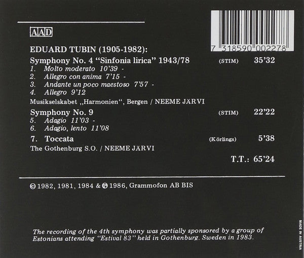 Eduard Tubin, Musikselskabet "Harmonien", Bergen*, The Gothenburg S.O.*, Neeme Järvi : Symphony No. 4 • Symphony No. 9 • Toccata (CD, Album)