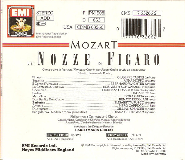 Mozart*, Taddei*, Schwarzkopf*, Moffo*, Cossotto*, Wächter*, Philharmonia Chorus, Philharmonia Orchestra, Carlo Maria Giulini : Le Nozze Di Figaro (2xCD, RE, RM, Sli)