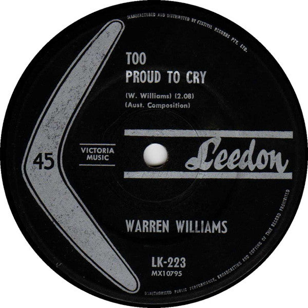 Warren Williams (6) : Too Proud To Cry (7", Single)