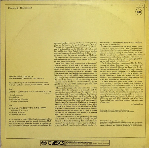 Pablo Casals Conducts Schubert* / Mozart* - Marlboro Festival Orchestra : Unfinished Symphony / Symphony No. 40 (LP, Album)